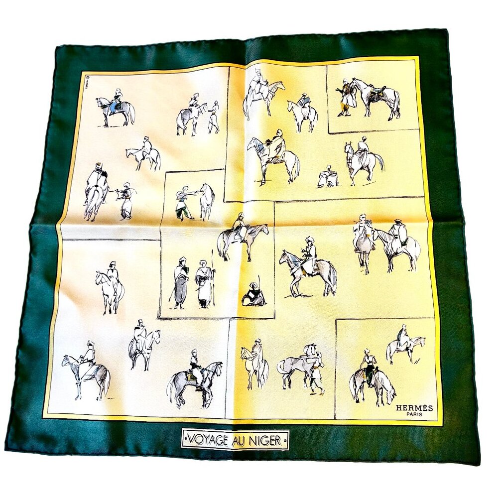 HERMES Paris Silk Scarf Equestrian Horse & Rider VOYAGE AU NIGER Green New 16"